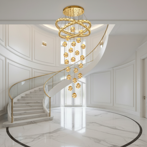 Candelabru Cristal cu Telecomanda DUARA Supremo, 90x300cm, Lumina Calda/Neutra/Rece, Auriu, Metal si Cristal [3]