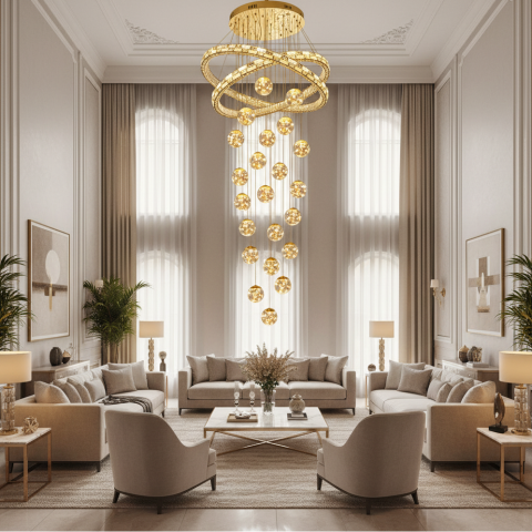 Candelabru Cristal cu Telecomanda DUARA Supremo, 90x300cm, Lumina Calda/Neutra/Rece, Auriu, Metal si Cristal [1]