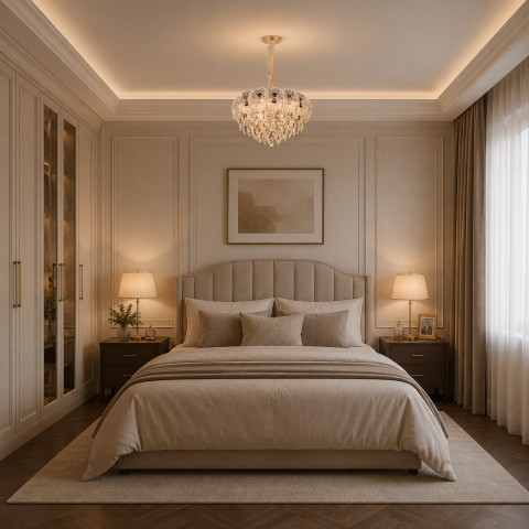 Lampi, Aplice si Corpuri de iluminat Smart - Candelabru Cristal DONNO Eleganza, 9xE14, Inaltime Reglabila, Metal si Cristal, Auriu