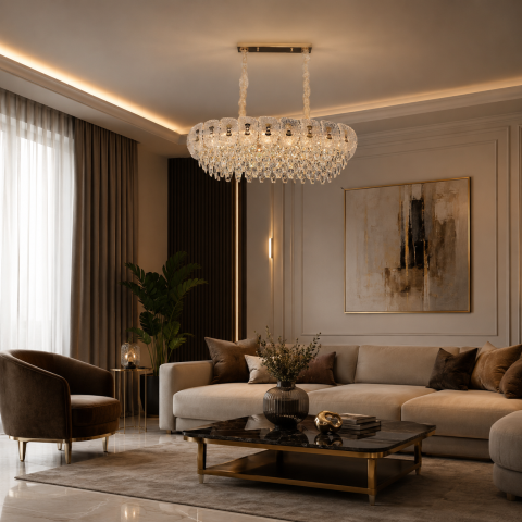 Lampi, Aplice si Corpuri de iluminat Smart - Candelabru Cristal DONNO Supremo, 90x34cm, 11xE14, Inaltime Reglabila, Metal si Cristal, Auriu