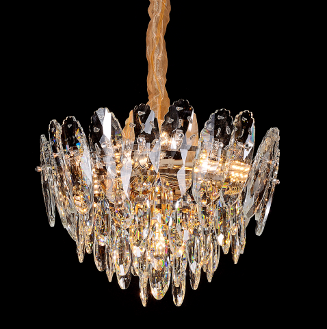 Candelabre LED Cristal Moderne - Candelabru Cristal, Eleganza, 7xE14, Diametru 40cm, Auriu Lucios, Inaltime Reglabila, Metal si Cristal
