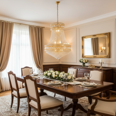 Candelabru Cristal EMPIRE Eleganza 10xE14, D50 cm, Auriu, Inaltime Reglabila, Metal si Cristal [1]
