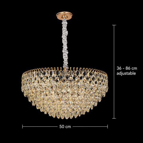 Candelabru Cristal ERDENET Eleganza, 9xE14, Diametru 50 cm, Metal si Cristal, Auriu Lucios, Inaltime Reglabila [3]