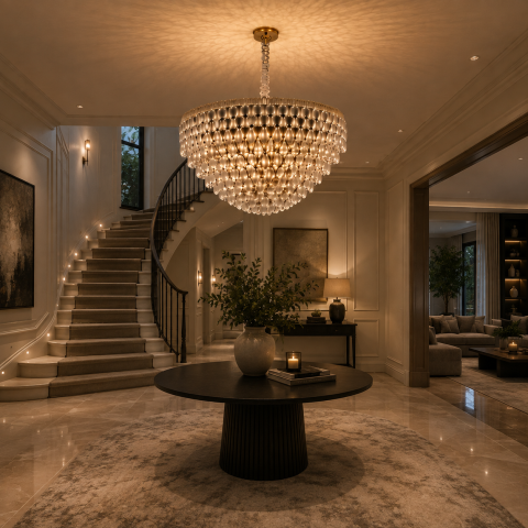 Candelabru Cristal ERDENET Regalis, 22xE14, Diametru 80 cm, Metal si Cristal, Auriu Lucios, Inaltime Reglabila [1]