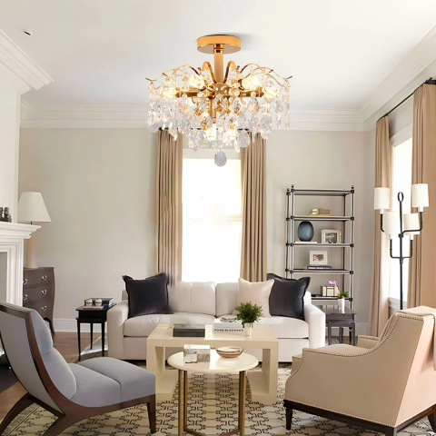 Candelabru Cristal Fiamma, 6x E14, Diametru 45cm, Auriu, Metal si Cristal [2]