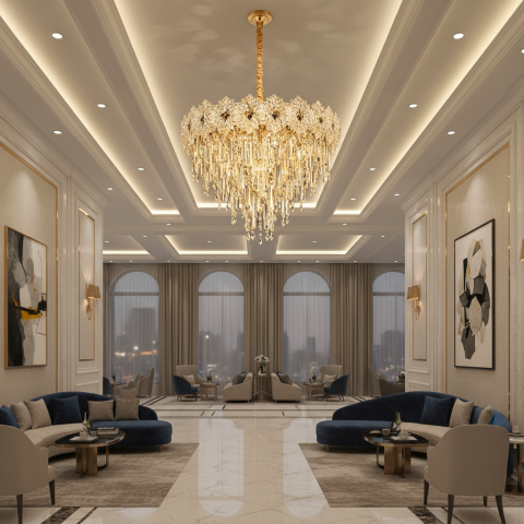 Produse Alessandro - Candelabru Cristal FLEUR Magno 12xE14, Diametru 60cm, Inaltime 45cm, Auriu Lucios, Inaltime Reglabila, Design Elegant