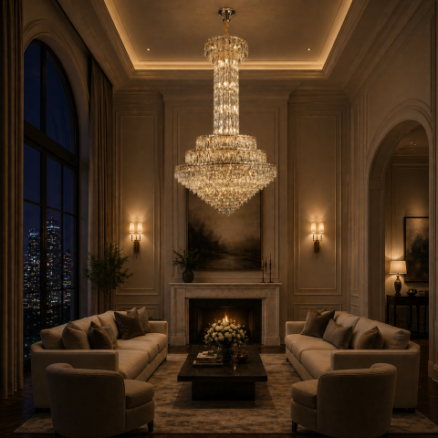 Iluminat Smart Home - Candelabru Cristal GRAND 87xE14, D138 cm, Auriu, Inaltime Reglabila, Metal si Cristal