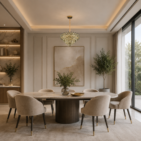 Lampi, Aplice si Corpuri de iluminat Smart - Candelabru Cristal HERT Magno, 70W, 6xE14, Lumina Rece/Calda/Neutra, Inaltime Reglabila, Metal si Cristal, Auriu