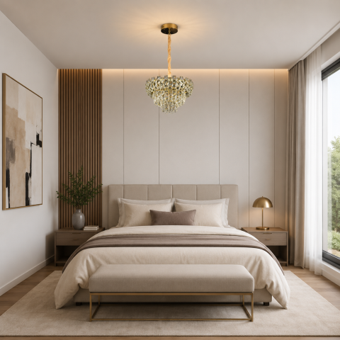 Lampi, Aplice si Corpuri de iluminat Smart - Candelabru Cristal HERT Nobile, 24W, 4xE14, Lumina Rece/Calda/Neutra, Inaltime Reglabila, Metal si Cristal, Auriu