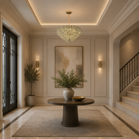 Lampi, Aplice si Corpuri de iluminat Smart - Candelabru Cristal HERT Regalis, 106W, 10xE14, Lumina Rece/Calda/Neutra, Inaltime Reglabila, Metal si Cristal, Auriu