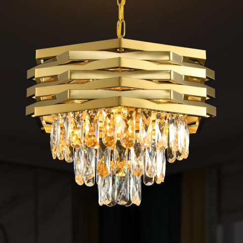 Iluminat Smart Home - Candelabru Cristal HEXA Ø30cm 3xE14 Auriu Inaltime Reglabila