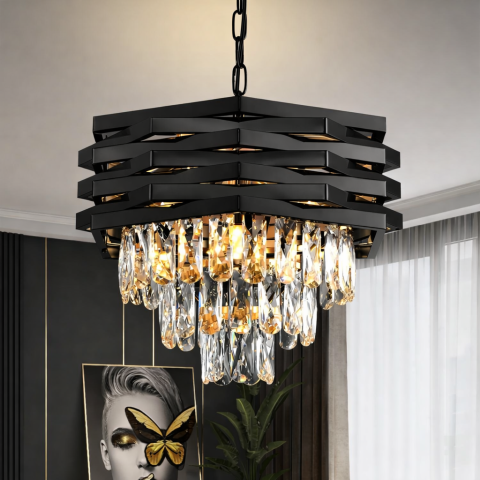 Iluminat Smart Home - Candelabru Cristal HEXA Ø30cm 3xE14 Negru Inaltime Reglabila