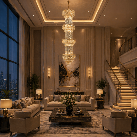 Iluminat Smart Home - Candelabru Cristal IMPERIUM 45xE14, D55 cm, Auriu, Inaltime Reglabila, Metal si Cristal