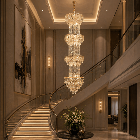 Candelabru Cristal IMPERIUM 45xE14, D55 cm, Auriu, Inaltime Reglabila, Metal si Cristal [1]