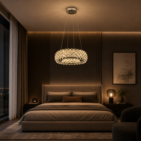 Lampi, Aplice si Corpuri de iluminat Smart - Candelabru Cristal KALTO Nobile, 72W, Lumina Rece/Calda/Neutra, Inaltime Reglabila, Metal si Cristal, Crom Lucios