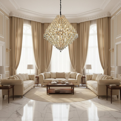 Candelabru Cristal KONIG Grande, 32xE14, D120 cm, Auriu, Inaltime Reglabila, Metal si Cristal [1]