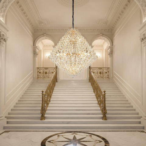 Iluminat Smart Home - Candelabru Cristal KONIG Grande Supremo, 54xE14, D150 cm, Auriu, Inaltime Reglabila, Metal si Cristal