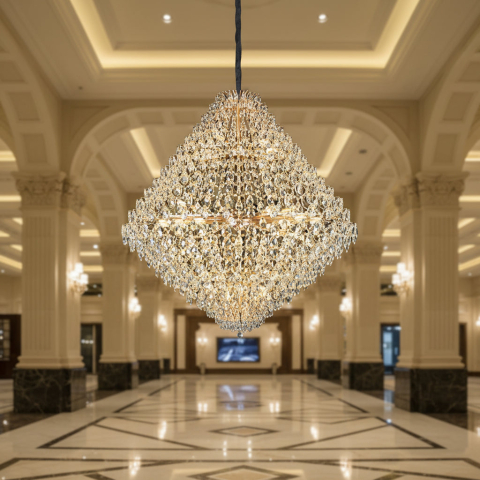 Candelabru Cristal KONIG Grande Supremo, 54xE14, D150 cm, Auriu, Inaltime Reglabila, Metal si Cristal [2]
