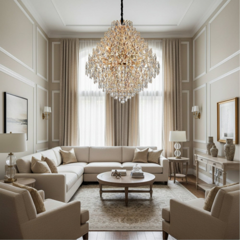 Iluminat Smart Home - Candelabru Cristal KONIG Regalis, 15xE14, D80 cm, Auriu, Inaltime Reglabila, Metal si Cristal