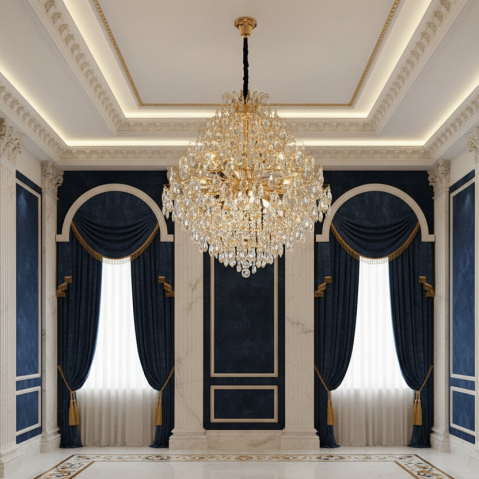 Iluminat Smart Home - Candelabru Cristal KONIG Supremo, 24xE14, D100 cm, Auriu, Inaltime Reglabila, Metal si Cristal
