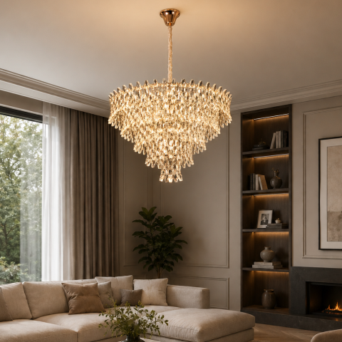 Lampi, Aplice si Corpuri de iluminat Smart - Candelabru Cristal KRAN Regalis, 18xE14, Inaltime Reglabila, Metal si Cristal, Auriu