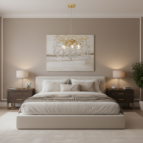 Iluminat Smart Home - Candelabru Cristal LEAF Eleganza, Φ50cm, 6xE14, Auriu, Metal si Cristal