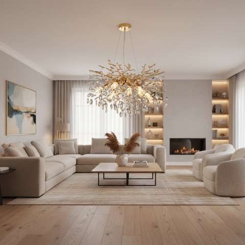 Iluminat Smart Home - Candelabru Cristal LEAF Magno, Φ60cm, 8xE14, Auriu, Metal si Cristal