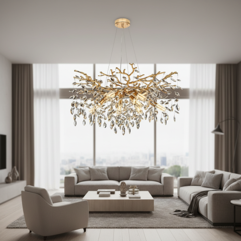Iluminat Smart Home - Candelabru Cristal LEAF Regalis, Φ80cm, 10xE14, Auriu, Metal si Cristal