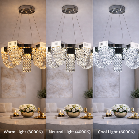 Candelabru Cristal LED 15W, CC370/500CH, Diametru 50cm, Crom Lucios, Lumina Calda Neutra Rece 3000K/4000K/6000K Inaltime Reglabila, Metal si Cristal [3]
