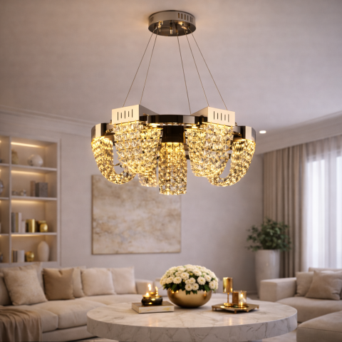 Candelabre LED Cristal Moderne - Candelabru Cristal LED 24W, CC370/800CH, Diametru 80cm, Crom Lucios, Inaltime Reglabila, Lumina Calda Neutra Rece 3000K/4000K/6000K, Metal si Cristal