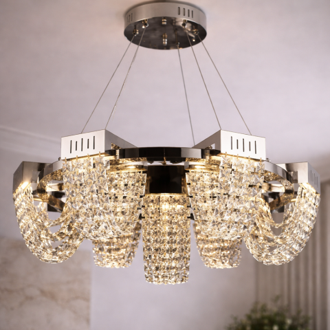 Candelabru Cristal LED 24W, CC370/800CH, Diametru 80cm, Crom Lucios, Inaltime Reglabila, Lumina Calda Neutra Rece 3000K/4000K/6000K, Metal si Cristal [3]