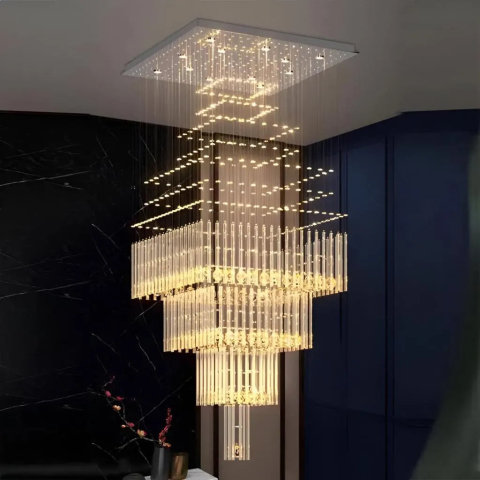 Candelabre LED Cristal Moderne - Candelabru Cristal LED 80W FLORENTIA Auriu, Diametru 50cm, Inaltime 200cm, Model Scara