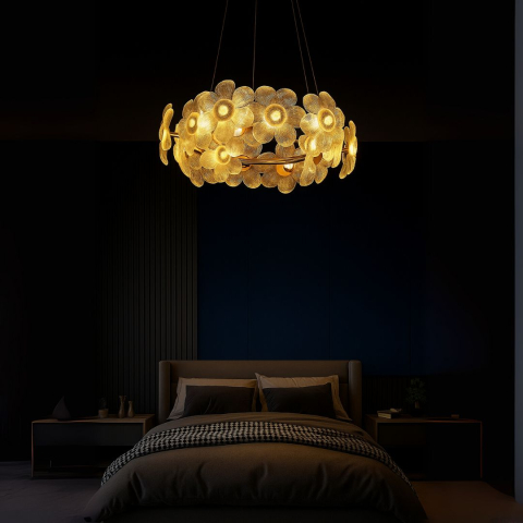 Candelabru Cristal LED, Cadenza Allegro 40W, Diametru 48cm, Inaltime reglabila, Auriu, Lumina Calda/Rece/Neutra 3000K/4000K/6000K, Metal si Cristal [1]