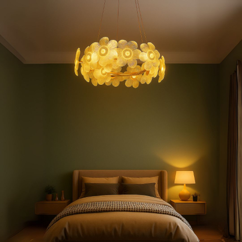 Candelabre LED Cristal Moderne - Candelabru Cristal LED, Cadenza Allegro 40W, Diametru 48cm, Inaltime reglabila, Auriu, Lumina Calda/Rece/Neutra 3000K/4000K/6000K, Metal si Cristal