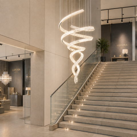 Lampi, Aplice si Corpuri de iluminat Smart - Candelabru Cristal LED IRON MAN, Diametru 60cm, Lumina 3000K/4000K/6000K, Metal si Cristal, Crom Lucios, Inaltime Reglabila