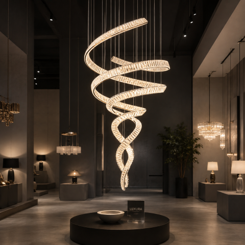 Lampi, Aplice si Corpuri de iluminat Smart - Candelabru Cristal LED IRON MAN, Diametru 80cm, Lumina 3000K/4000K/6000K, Metal si Cristal, Crom Lucios, Inaltime Reglabila