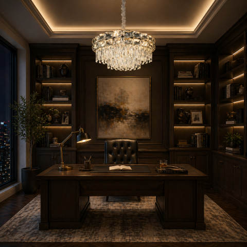 Iluminat Smart Home - Candelabru Cristal LUCENT Nobile 4xE14, D40 cm, Auriu, Inaltime Reglabila, Metal si Cristal