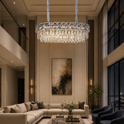 Iluminat Smart Home - Candelabru Cristal LUCENT Regalis 28xE14, 85x35 cm, Auriu, Inaltime Reglabila, Metal si Cristal