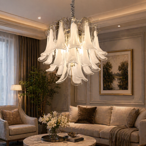 Lampi, Aplice si Corpuri de iluminat Smart - Candelabru Cristal LUMIERE Eleganza 4xE14, D50 cm, Alb, Inaltime Reglabila, Metal si Cristal