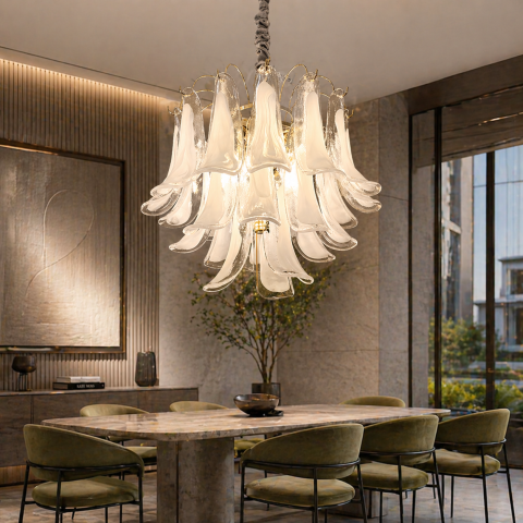 Candelabru Cristal LUMIERE Regalis 17xE14, D80 cm, Alb, Inaltime Reglabila, Metal si Cristal [1]