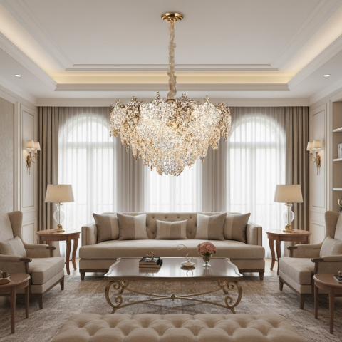 Produse Alessandro - Candelabru Cristal LUXE Regalis, 21xE14, Diametru 80cm, Inaltime 45cm, Auriu Lucios, Inaltime Reglabila, Design Elegant