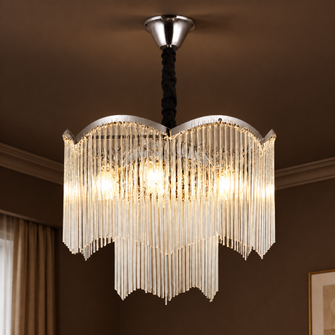 Lampi, Aplice si Corpuri de iluminat Smart - Candelabru Cristal MEKELLE Eleganza, 8x E14, Diametru 50cm, Metal si Cristal, Crom Lucios, Inaltime Reglabila