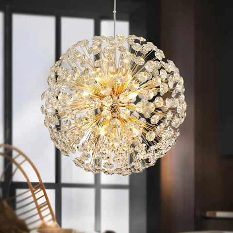 Lampi, Aplice si Corpuri de iluminat Smart - Candelabru Cristal MINUET 9x G9, Diametru 50cm, Auriu Lucios, Inaltime Reglabila