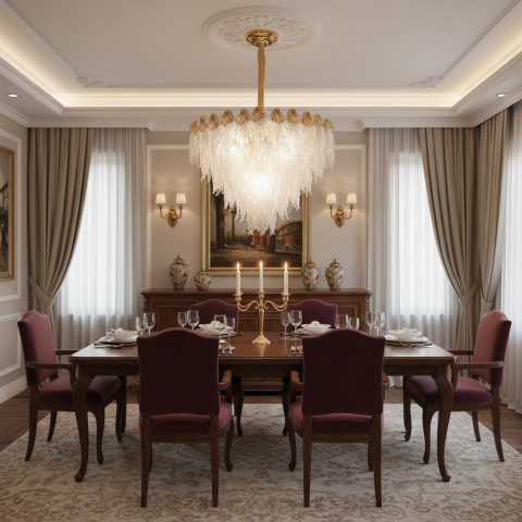Lampi, Aplice si Corpuri de iluminat Smart - Candelabru Cristal MURANO Magno 12xE14, D60 cm, Auriu, Inaltime Reglabila, Metal si Cristal