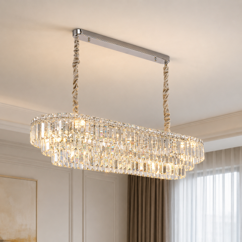 Lampi, Aplice si Corpuri de iluminat Smart - Candelabru Cristal NAVOIY 12x E14, 100cm, Metal si Cristal, Crom Lucios, Inaltime Reglabila