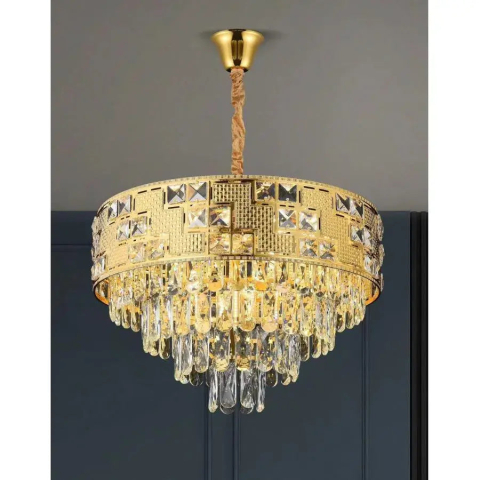 Candelabre LED Cristal Moderne - Candelabru Cristal NEUSCHWANSTEIN Eleganza 7xE14, Diametru 49cm, Auriu, Inaltime Reglabila