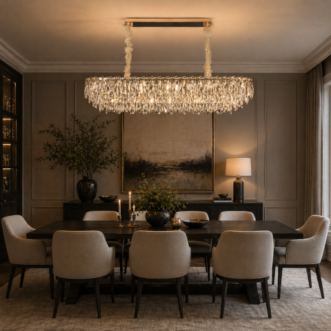 Iluminat Smart Home - Candelabru Cristal ORION 19xE14, Auriu, Inaltime Reglabila, Metal si Cristal