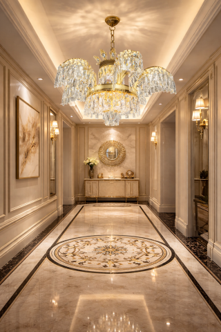 Lampi, Aplice si Corpuri de iluminat Smart - Candelabru Cristal PALACE, 6 brate, 12xG9, D69cm, Auriu Lucios, Inaltime Reglabila, Metal si Cristal