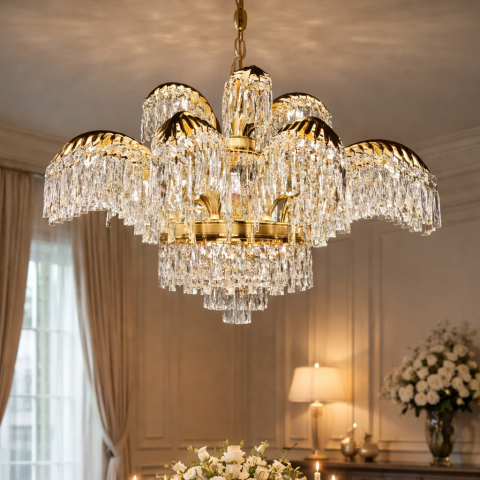 Candelabru Cristal PALACE, 8 brate, D80cm, Auriu Lucios, Inaltime Reglabila, Metal si Cristal [1]