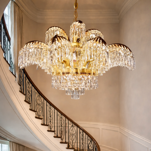Lampi, Aplice si Corpuri de iluminat Smart - Candelabru Cristal PALACE, 8 brate, D80cm, Auriu Lucios, Inaltime Reglabila, Metal si Cristal
